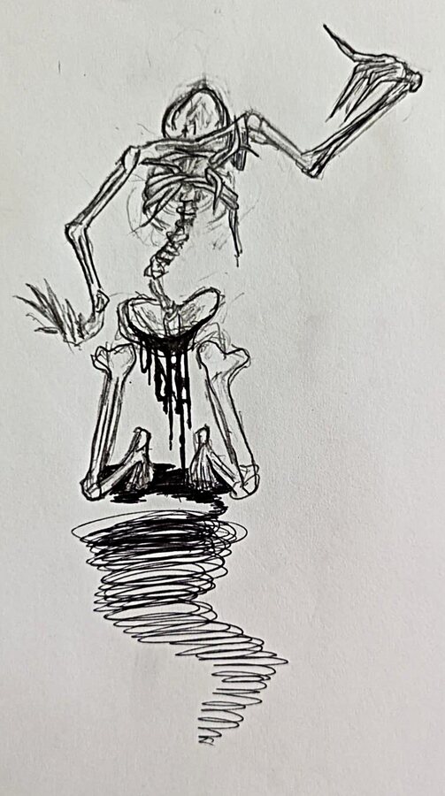 Loose black ink drawing of a partially separated skeleton suspended above a scribbled shadow.