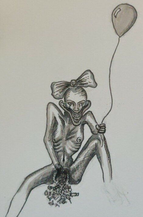 Ink drawing of a thin seated clown holding a balloon and spilling small pieces of candy.