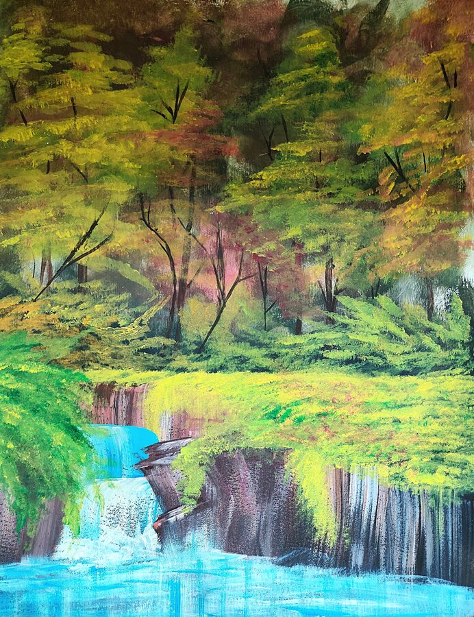Colorful painted forest opening onto bright turquoise water and a waterfall.