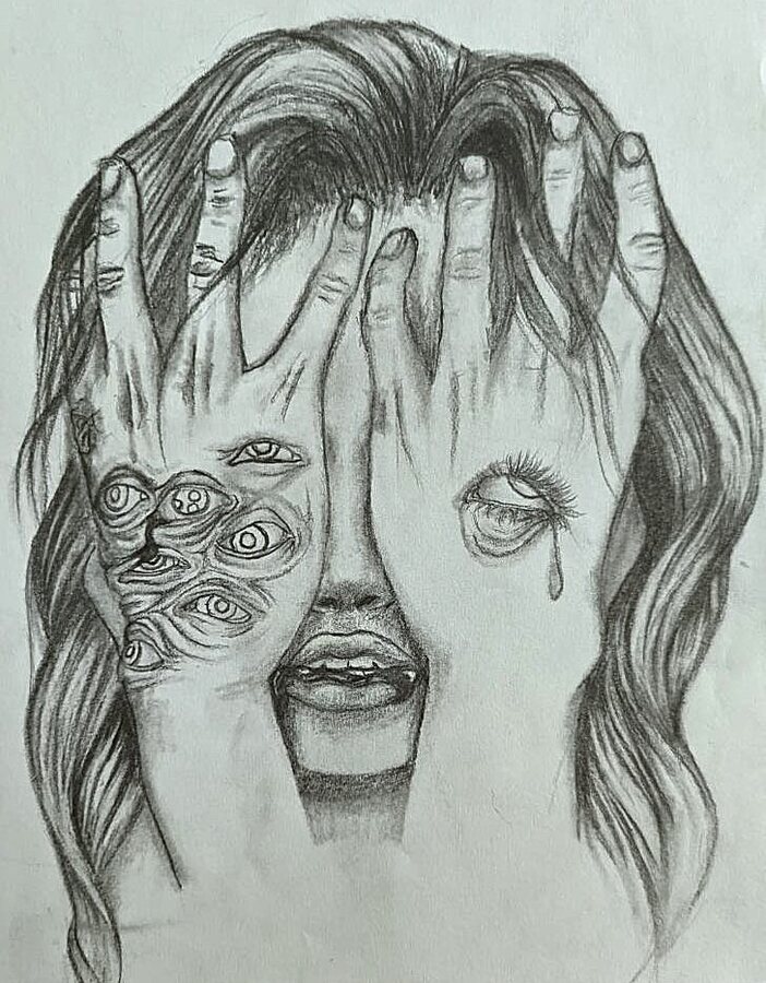 Graphite portrait with hands covering a face; multiple eyes appear across one palm.