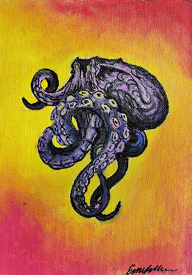 Purple octopus painted over a vivid yellow, orange, and pink background.