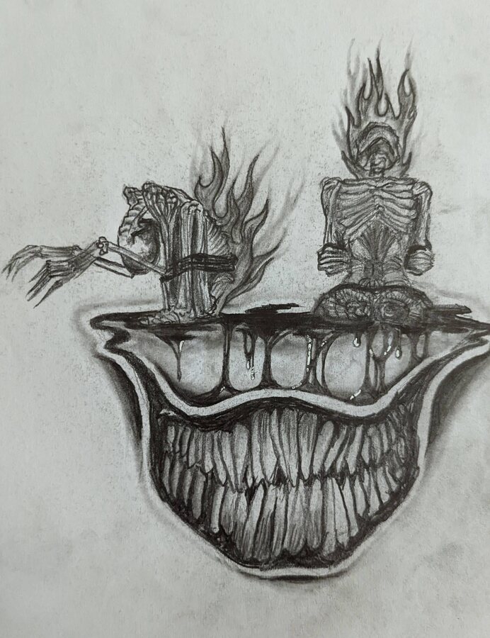 Graphite drawing of a wide mouth whose upper surface contains burning skeletal figures.