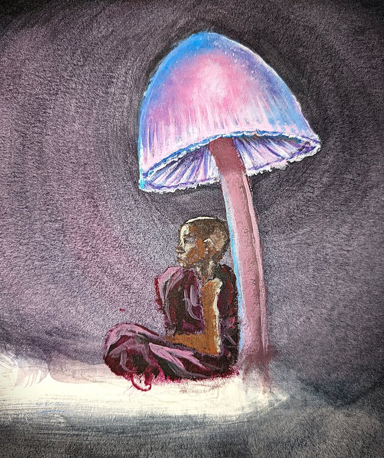 Painted seated figure sheltered beneath an oversized luminous pink and blue mushroom.