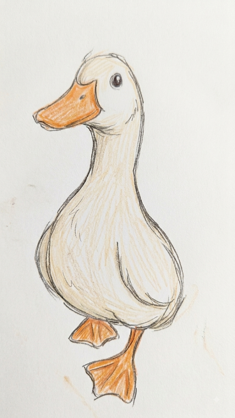 A softly colored pencil drawing of a duck.
